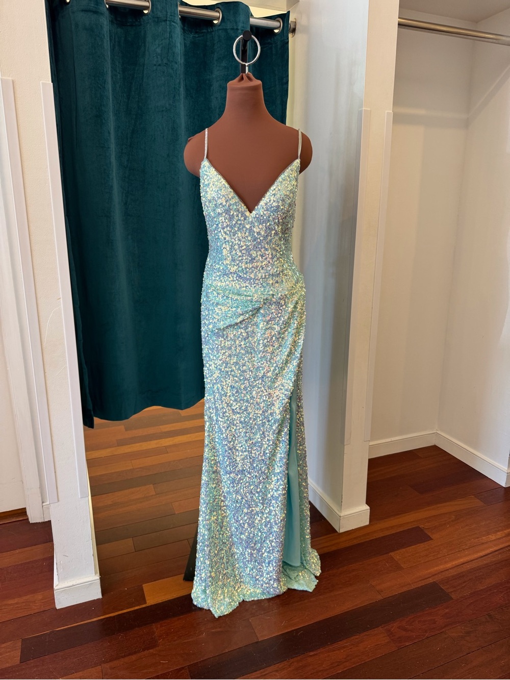 Sequin high slit v-neck with sequin straps